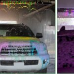 An automatic car wash machine in progress