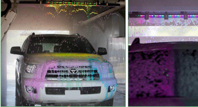 An automatic car wash machine in progress